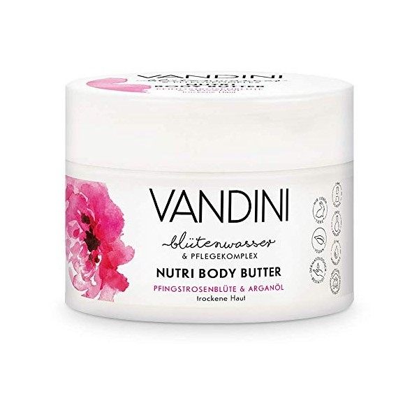 VANDINI Nutri Crème hydratante corps femme à la fleur de pivoine et à lhuile dargan - creme corps hydratante peaux sèches -