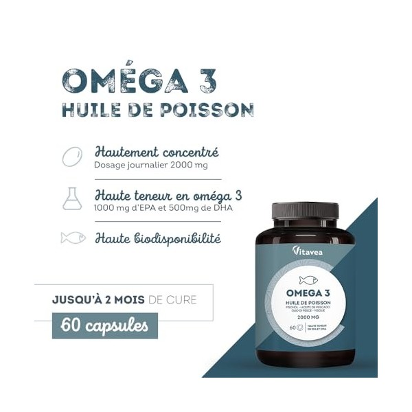 Omega 3 Huile de Poissons Sauvages 2 000mg - Haute concentration en EPA 1 000mg et DHA 500mg - Soutien des fonctions cogn