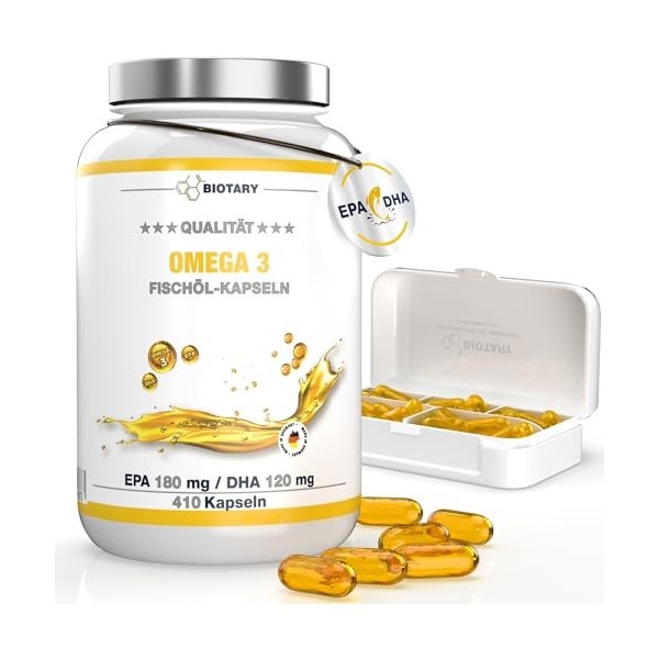 Oméga 3 Huile de poissons | Sauvages 4000 mg | 410 gélules | Pilulier | 720 mg EPA + 480 mg DHA par dose quotidienne | sans a