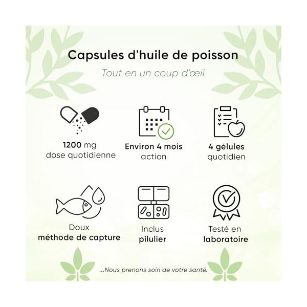 Oméga 3 Huile de poissons | Sauvages 4000 mg | 410 gélules | Pilulier | 720 mg EPA + 480 mg DHA par dose quotidienne | sans a