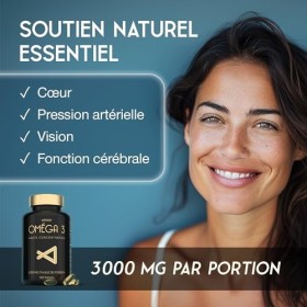 Oméga 3 Huile de Poissons Sauvages - 3000mg Triple Concentration - EPA 990mg & DHA 660mg - 120 Gélules Omega3 - Soutien Cardi