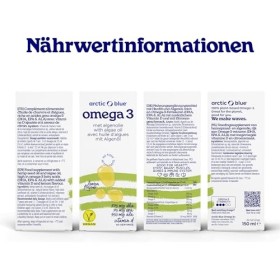 Arctic Blue Huile végétalienne Omega 3 de qualité supérieure - 150 ml - 370 mg de DHA & 75 mg dEPA et 350 mg dALA par porti