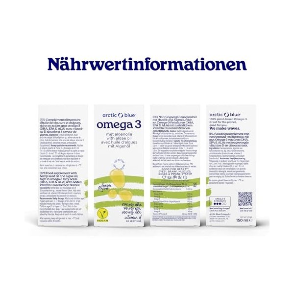 Arctic Blue Huile végétalienne Omega 3 de qualité supérieure - 150 ml - 370 mg de DHA & 75 mg dEPA et 350 mg dALA par porti