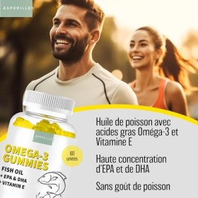Gommes au Omega 3 avec Vitamine E Goût de Citron - Huile de Poisson Sauvage à Haute Concentration en Acides Gras Omega 3, EPA