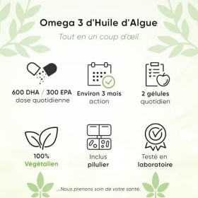 Omega 3 Vegan dHuile dAlgue - 140 gélules, 3 mois environ de stockage, avec boîte à pilules, testé en laboratoire, EPA + DH
