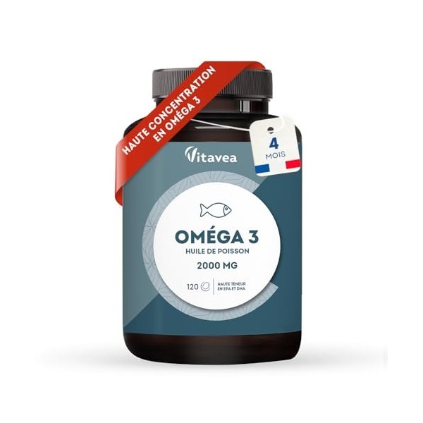 Omega 3 Huile de Poissons Sauvages 2 000mg - 4 mois - Haute concentration en EPA 1 000mg et DHA 500mg - Soutien des fonct