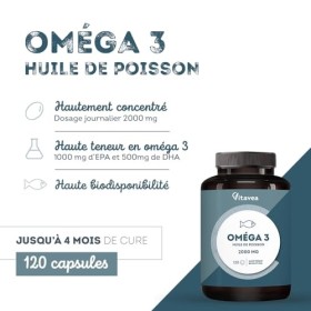 Omega 3 Huile de Poissons Sauvages 2 000mg - 4 mois - Haute concentration en EPA 1 000mg et DHA 500mg - Soutien des fonct
