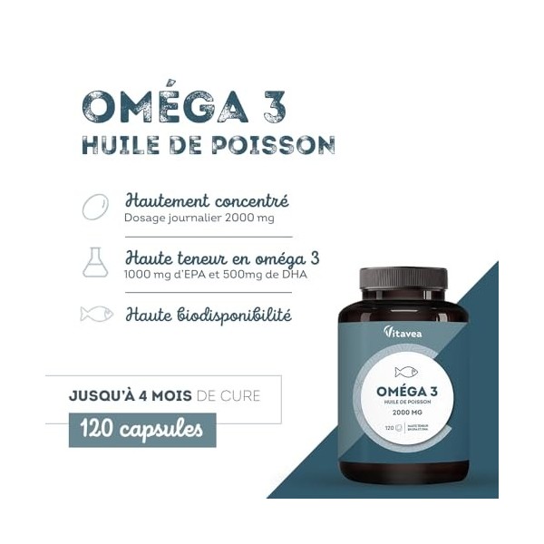 Omega 3 Huile de Poissons Sauvages 2 000mg - 4 mois - Haute concentration en EPA 1 000mg et DHA 500mg - Soutien des fonct