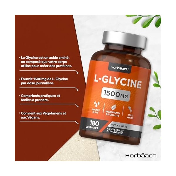 Glycine 1500mg | 180 Comprimés Vegan | Acides Aminés Essentiel | Complément Alimentaire Sans Gluten et Sans Additifs | Glycin
