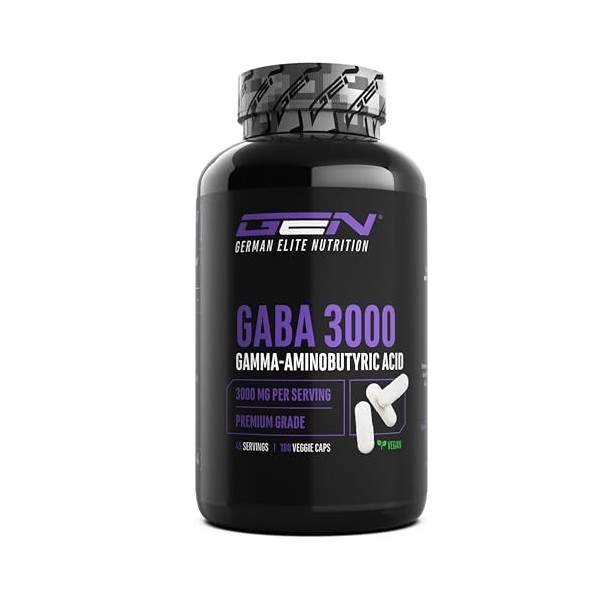 GABA - 180 capsules de 750 mg - Hautement dosé avec 3000 mg par portion journalière - Gamma 100% acide aminobutyrique - Acide