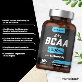BCAA 2.1.1 4000mg | 365 Comprimés Vegan 3 Mois | 2:1:1 dAcides Aminés à Chaîne Ramifié L-Leucine, L-Isoleucine, L-Valine e