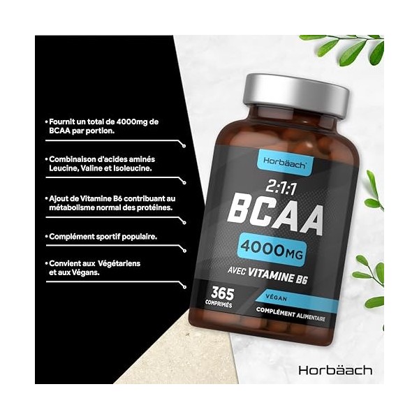 BCAA 2.1.1 4000mg | 365 Comprimés Vegan 3 Mois | 2:1:1 dAcides Aminés à Chaîne Ramifié L-Leucine, L-Isoleucine, L-Valine e