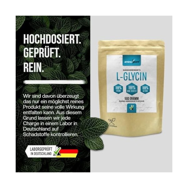 aminopure® Poudre de L-glycine pure - 100 % végétalien et sans additifs inutiles - Certifié sans substances nocives en labora