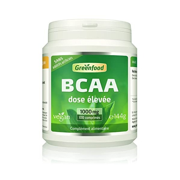 Greenfood BCAA, 1000 mg, dose élevée, 100 comprimés, vegan -SANS additifs artificiels. Sans génie génétique.