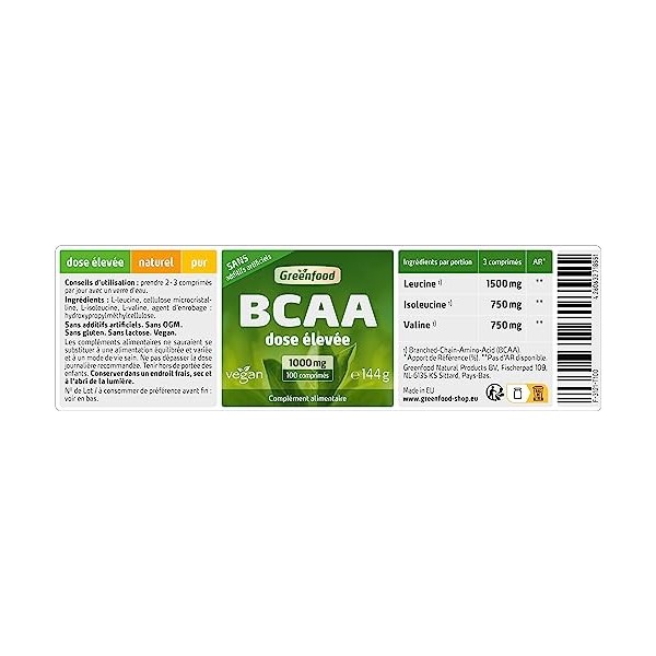 Greenfood BCAA, 1000 mg, dose élevée, 100 comprimés, vegan -SANS additifs artificiels. Sans génie génétique.