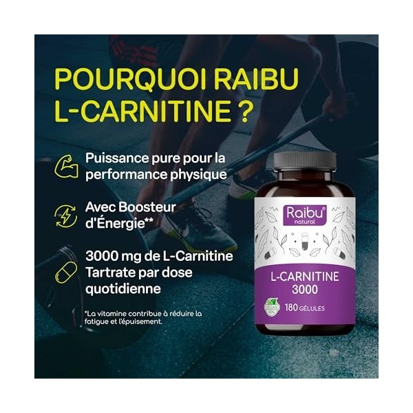 L-Carnitine 3000 I 180 Haute Dose Extra Fort Gélules avec Vitamine C I 3000mg par dose journalière I Tartrate de L Carnitine 