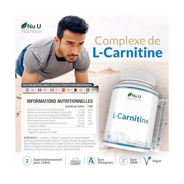 L-Carnitine Complexe 1 650mg - 180 Forte Puissance Capsules Véganes - Avec Riboflavine, Biotine, Chromium, Vitamine D, B3 & B