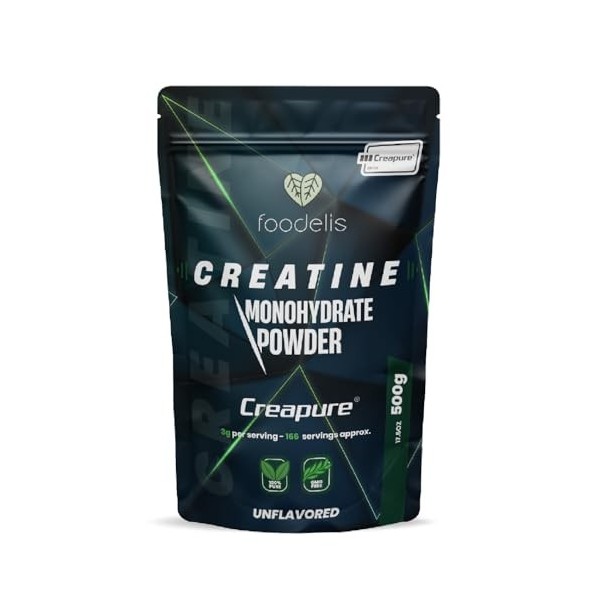 Foodelis Creatine Monohydrate Creapure 500g en poudre - 100% Creatine Creapure - Sans arôme, Non-OGM, Pure et sans additifs -
