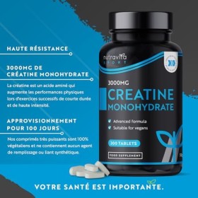 Creatine Monohydrate 1000mg - 300 Tablettes pour + de 3 Mois - Creatine gelules - Fabriqué aux Royaume-Unis par Nutravita