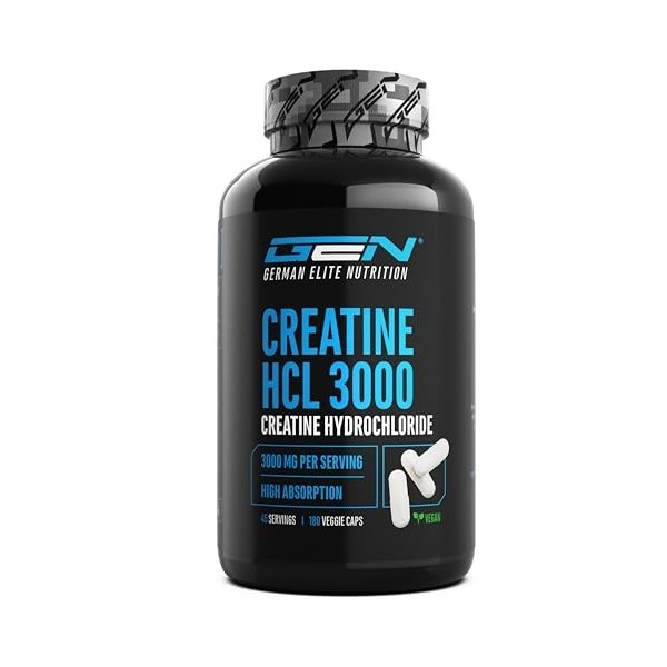 Creatine HCL - 180 capsules - Haute dose de 3000 mg - Créatine pure hydrochloride - Haute absorption - Haute biodisponibilité