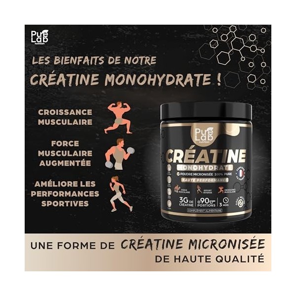 Créatine monohydrate poudre 100% pure de qualité micronisée - 90 portions - Haute Absorption - Performance, Force, Masse Musc
