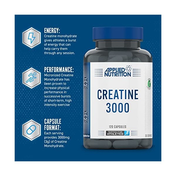 Applied Nutrition – Créatine 3000 – Gélules de Créatine Monohydratée 3000 mg/Portion – Complément Alimentaire Puissant Amél