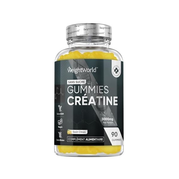 Créatine Monohydrate 3000mg - 90 Gummies Vegan 1 Mois Sans Sucre Goût Citron - Booster Musculation, Performance Sportive -