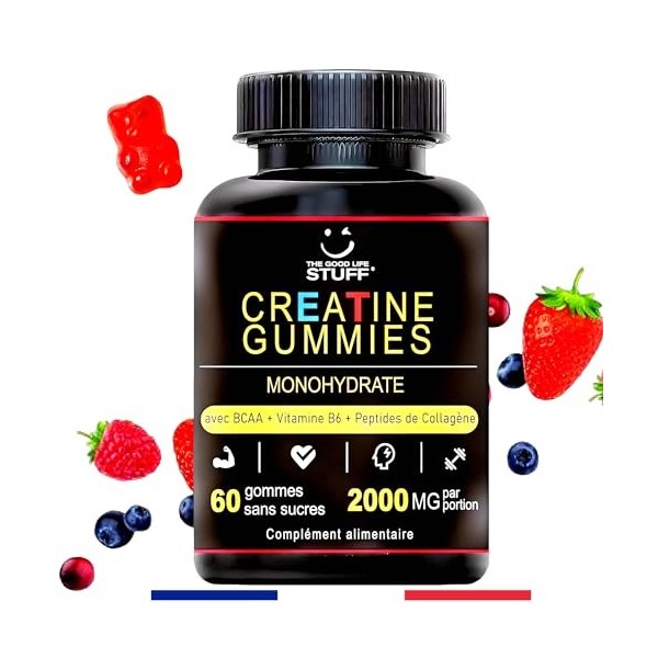 Creatine Monohydrate Gummies 3g/BCAA Musculation Pre Workout/Collagene/Vitamine B6/Sport/Fitness/Vegan/Sans Gluten/Sans OGM/S
