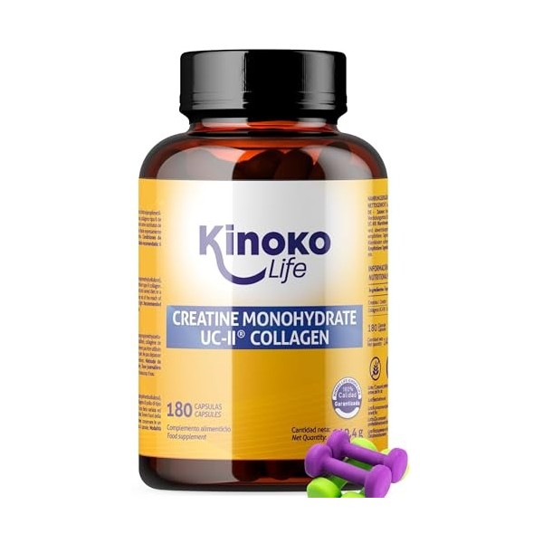 Kinoko Life Creatine Monohydrate 3000 mg avec UC-II Collagène 180 gélules. Monohydrate de Créatine Micronisée Pure. Creatine 