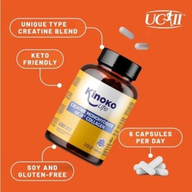 Kinoko Life Creatine Monohydrate 3000 mg avec UC-II Collagène 180 gélules. Monohydrate de Créatine Micronisée Pure. Creatine 