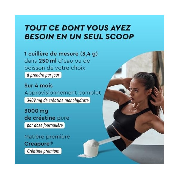 Créatine Monohydrate Poudre 100% Pure, Creatine Creapure® 3000mg par Dose, 147 Portions, Prise de Masse et Puissance Musculai