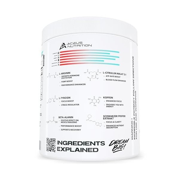 Pre Workout Booster avec L-Arginine et 5 autres ingrédients actifs clés, 25 portions, 200 mg de caféine, 400 g - Aceus Nutrit