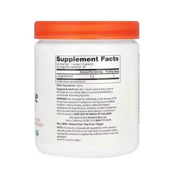 Doctors Best - Poudre Pure de L-Arginine | Soutien Énergétique et Circulatoire - 300g