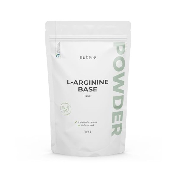nutri+ L-Arginine Base Poudre 1 kg - hautement dosée - végétale par fermentation - L-Arginine pure Powder 1000 g - Vegan - Ne