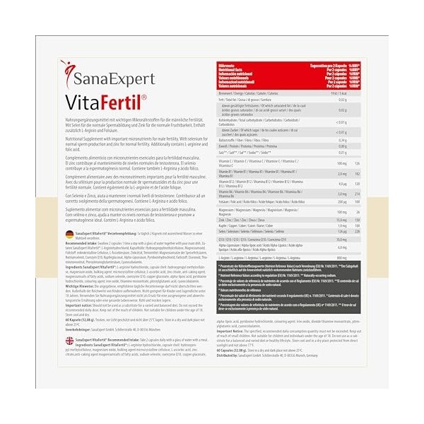 SanaExpert® VitaFertil, vitamines pour lhomme, L-arginine, acide alpha-lipoïque, acide folique, fertilité 1 