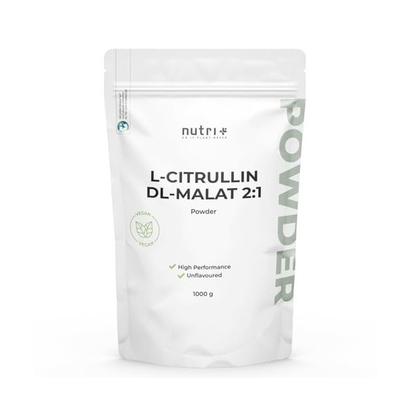 nutri+ L-Citrulline malate en poudre 1 kg - hautement dosé + végétalien + pur - booster de musculation + fitness - L-Citrulli