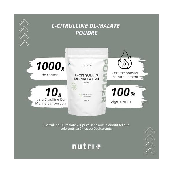 nutri+ L-Citrulline malate en poudre 1 kg - hautement dosé + végétalien + pur - booster de musculation + fitness - L-Citrulli