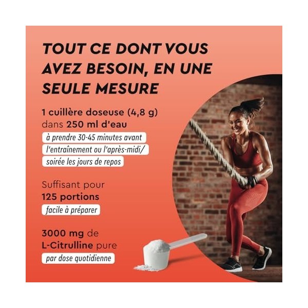 L-Citrulline Malate 2:1 Poudre 600g - Acide aminé pré-workout hautement dosé - 4800mg de malate de citrulline - Solubilité op