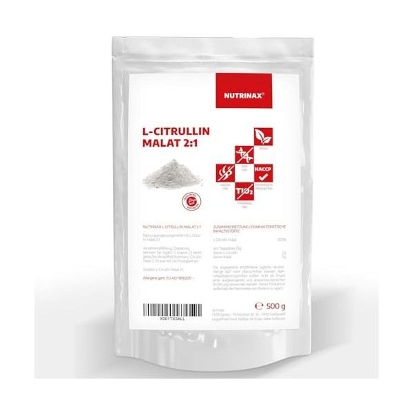 NUTRINAX Poudre de malate de L-citrulline 2:1 - 500 g - Acide aminé issu de fermentation végétale - Végétalien - Hautement do