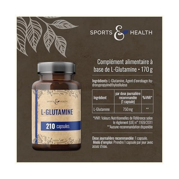 L Glutamine Gélules - 210 gélules - 750mg de L-Glutamine pure par dose journalière - acide aminé de très bonne qualité - sans