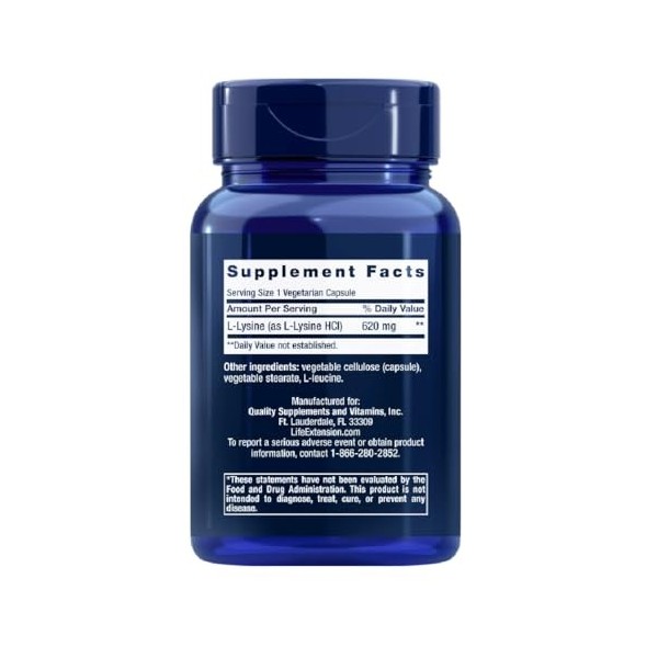 Life Extension L-Lysine 620mg, 100 gélules végétales - Soutien Immunitaire et Bien-Être
