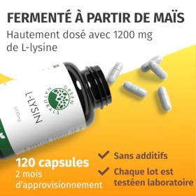 L-Lysine 1200 mg – Haute dose – 120 gélules 2 mois de cure – Fermentée à partir de maïs – 100% naturelle, pure et vegan – S