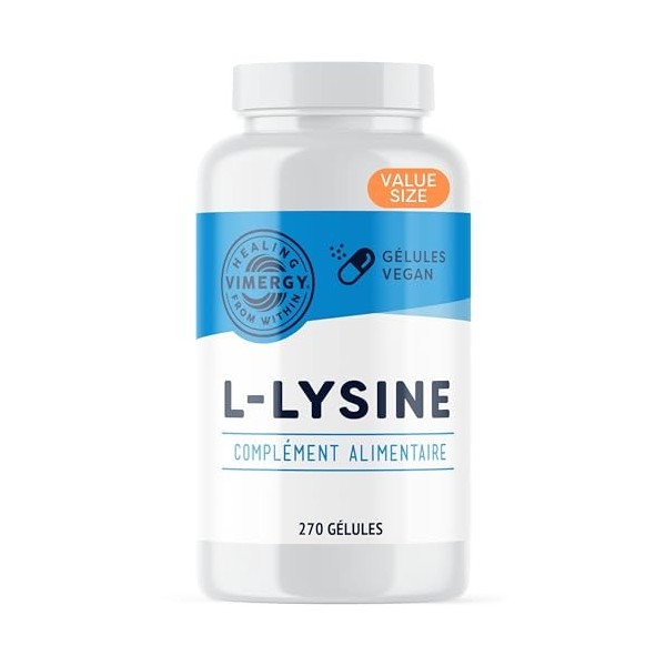 Vimergy L-Lysine Gélules de 500 MG, 90 Portions – Acide Aminé Essentiel – Gélule Végétalienne sans Agent Gélifiant - Sans OGM