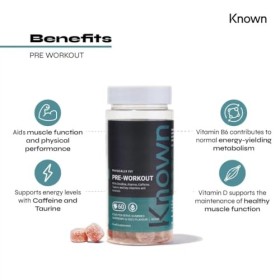 Known Delicious Pre-Workout Gummies – 80mg de Caféine, Vitamines B – Saveur Naturelle de Framboise & Yuzu – 60 Gummies Végane