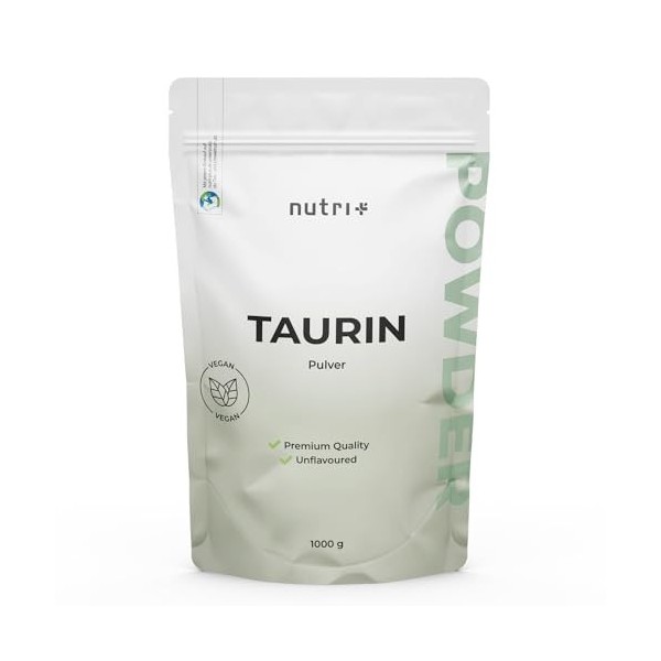 nutri+ Poudre de Taurine 1 kg - hautement dosée - végétale par fermentation - pure Taurine Powder 1000 g - Vegan - Neutre - n