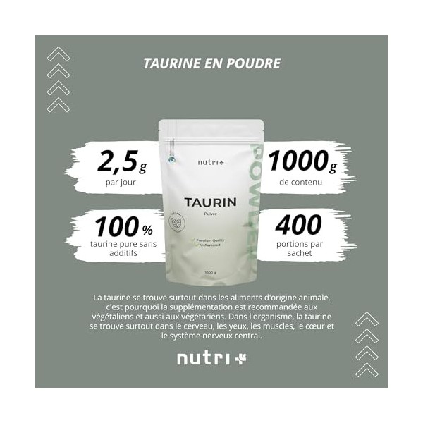 nutri+ Poudre de Taurine 1 kg - hautement dosée - végétale par fermentation - pure Taurine Powder 1000 g - Vegan - Neutre - n