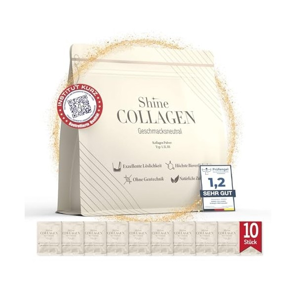 Collagène Shine Premium - Peptides de Collagène Pur 100% Type 1, 2, 3 Poudre Hydrolysée Hautement Soluble Sans Goût Anti-âge 