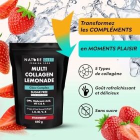 Nature Diet Multi Collagène Limonade | Fraise | 5 Types de Collagène | 660g | Approvisionnement de 60 Jours | Sans Sucre | Co
