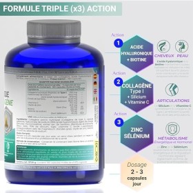 Collagene et acide hyaluronique: collagène hydrolysé + acide hyaluronique + biotine avec Zinc, Sélénium, vitamine C naturelle