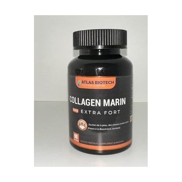 Atlas Biotech Collagène Marin Extra Fort, 90 Gélules de 300mg, Antioxydant, Hydratation de la Peau et des Cheveux, Protège Os